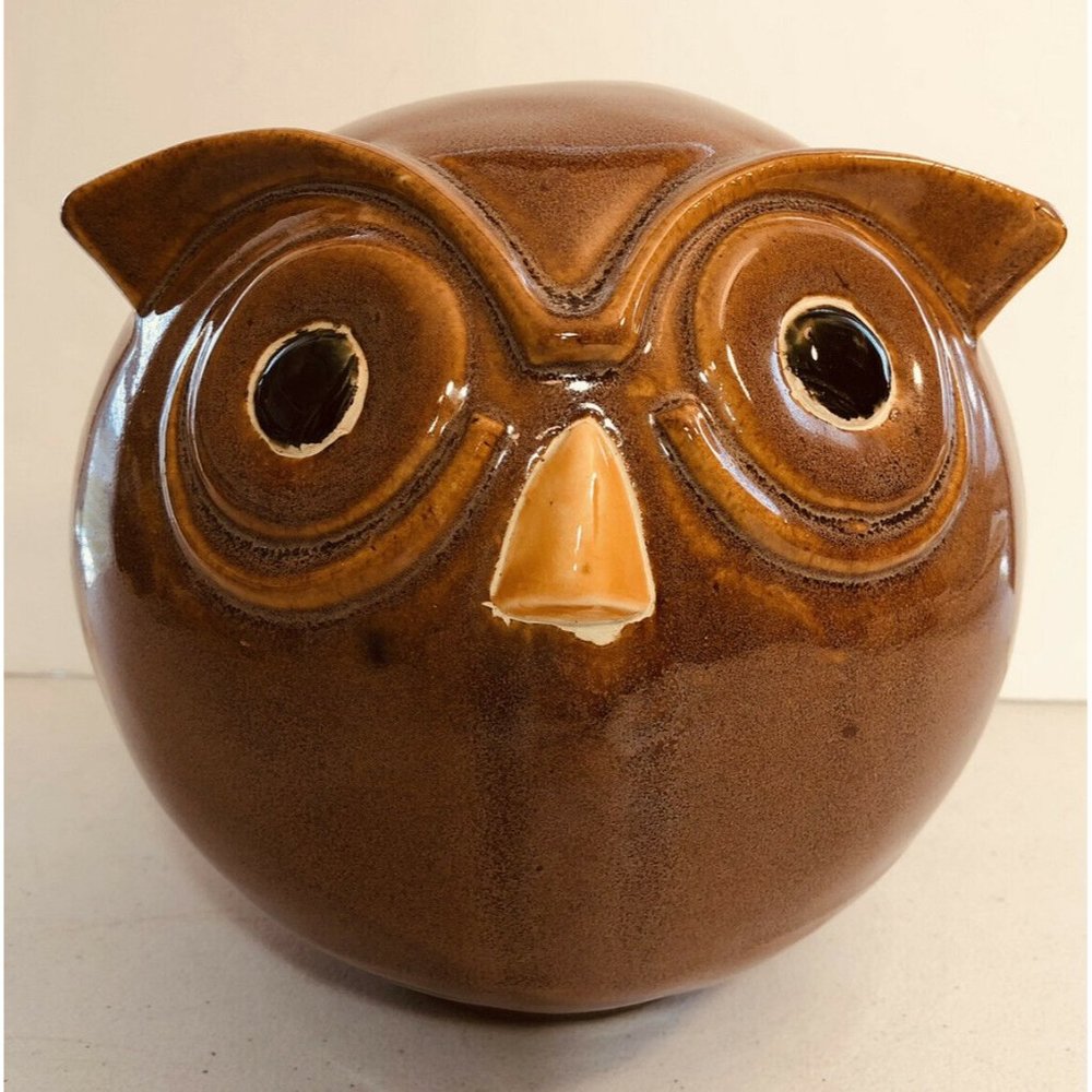 Large Round Owl Ceramic Brown Gold Money Coin Bank